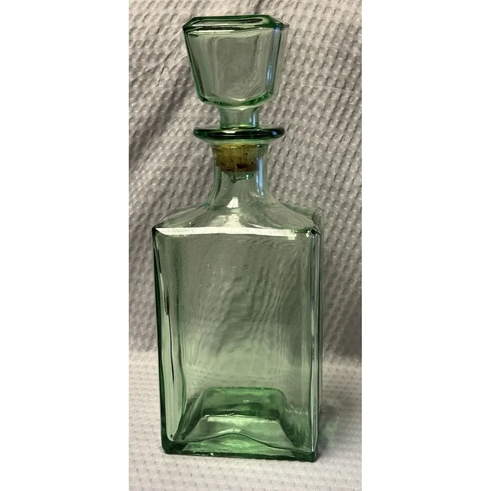 Vintage MCM Green Glass Decanter with Stopper Square Barware Collectibles 10